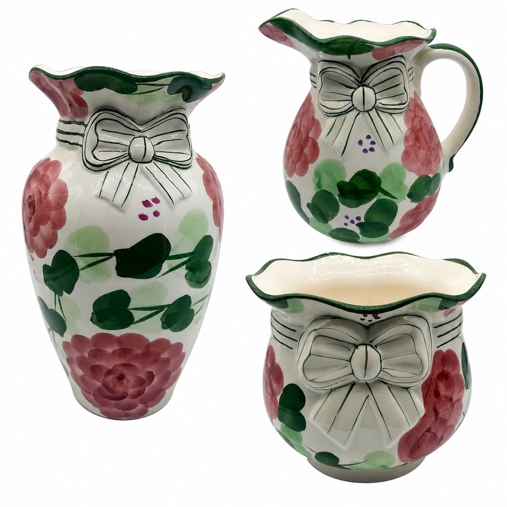 Vintage Floral Ceramic Vase Pitcher Planter Set Cottagecore Shabby Chic Decor